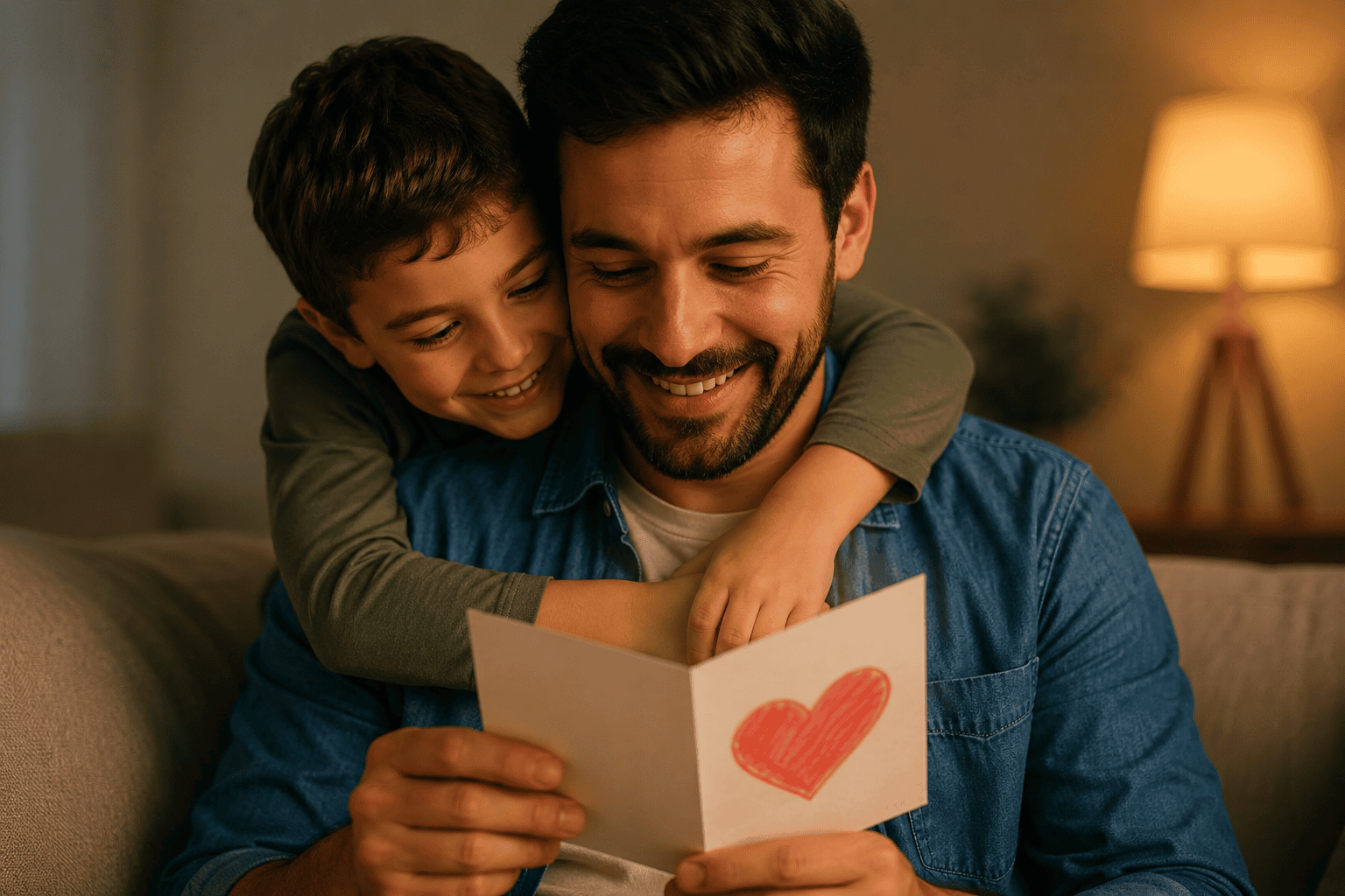 Niño abrazando a su papá mientras ambos observan una tarjeta con un corazón en una sala cálida.