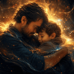 Padre abrazando a su hijo con luz cálida y dorada, imagen emotiva para versos cortos para papá