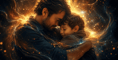 Padre abrazando a su hijo con luz cálida y dorada, imagen emotiva para versos cortos para papá