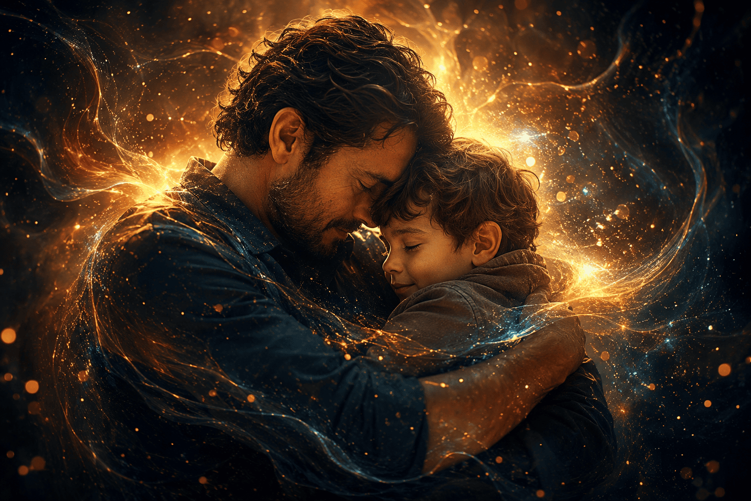 Padre abrazando a su hijo con luz cálida y dorada, imagen emotiva para versos cortos para papá
