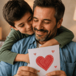 Hijo abrazando a su papá mientras le entrega una tarjeta hecha a mano como muestra de amor y agradecimiento.