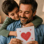Hijo abrazando a su papá mientras le entrega una tarjeta hecha a mano como muestra de amor y agradecimiento.