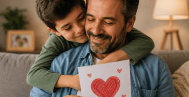 Hijo abrazando a su papá mientras le entrega una tarjeta hecha a mano como muestra de amor y agradecimiento.