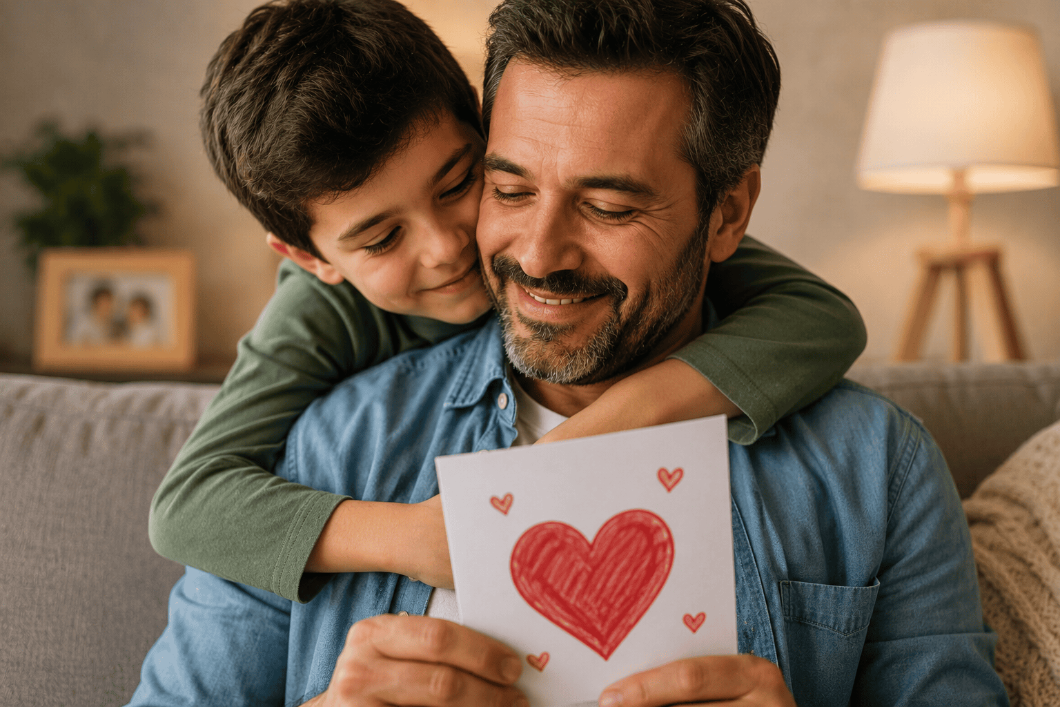 Hijo abrazando a su papá mientras le entrega una tarjeta hecha a mano como muestra de amor y agradecimiento.