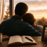 Papá abrazando a su hijo frente a una ventana al atardecer, con cuaderno y fotografía familiar sobre una mesa.