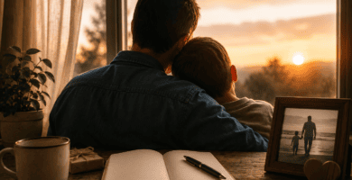 Papá abrazando a su hijo frente a una ventana al atardecer, con cuaderno y fotografía familiar sobre una mesa.