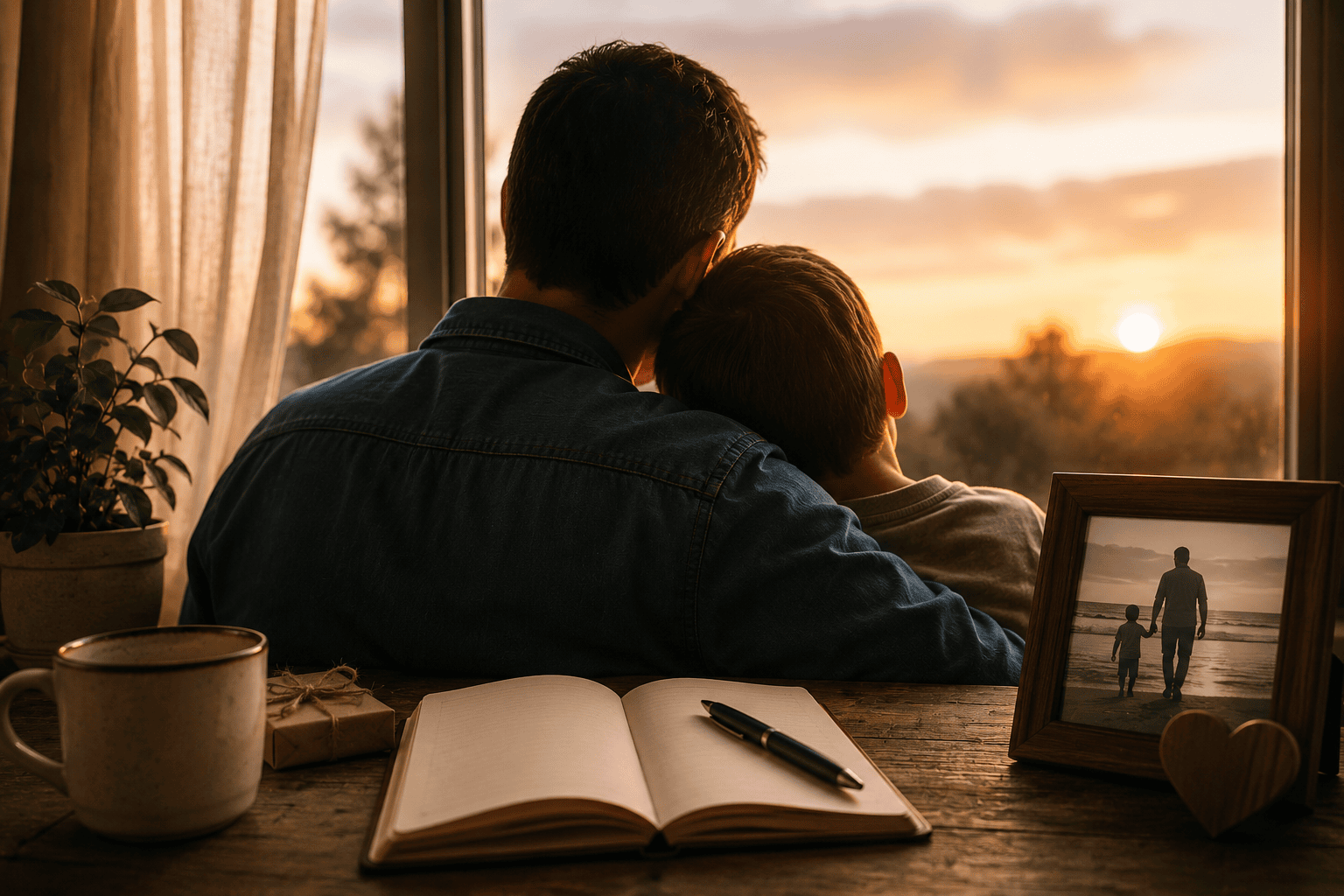 Papá abrazando a su hijo frente a una ventana al atardecer, con cuaderno y fotografía familiar sobre una mesa.