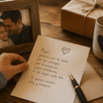 Carta escrita para papá sobre una mesa de madera con foto familiar, regalo y taza, símbolo de amor y versos para mi papá.