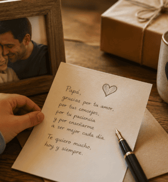 Carta escrita para papá sobre una mesa de madera con foto familiar, regalo y taza, símbolo de amor y versos para mi papá.