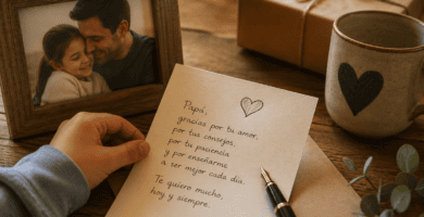 Carta escrita para papá sobre una mesa de madera con foto familiar, regalo y taza, símbolo de amor y versos para mi papá.