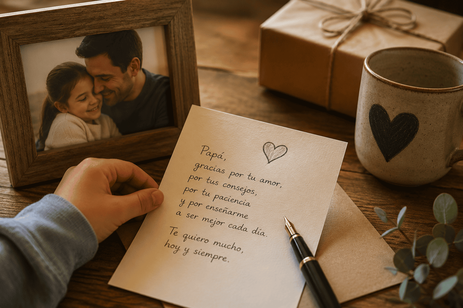 Carta escrita para papá sobre una mesa de madera con foto familiar, regalo y taza, símbolo de amor y versos para mi papá.