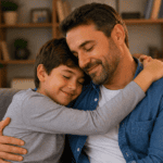 adre abrazando a su hijo en una sala cálida, imagen emotiva para versos para papá de su hijo