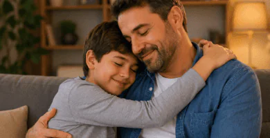 adre abrazando a su hijo en una sala cálida, imagen emotiva para versos para papá de su hijo