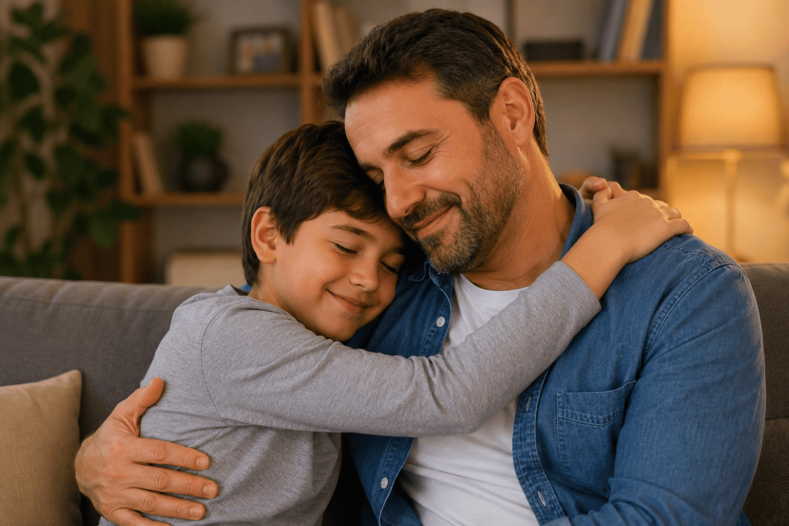 adre abrazando a su hijo en una sala cálida, imagen emotiva para versos para papá de su hijo