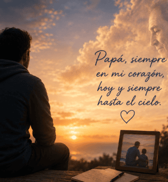 Hombre recordando a su papá en el cielo durante un atardecer, con foto familiar, vela encendida y cielo luminoso lleno de nostalgia.