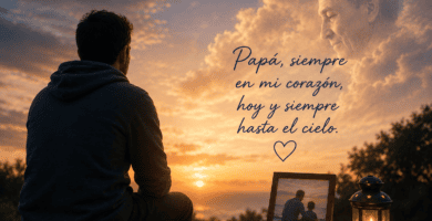Hombre recordando a su papá en el cielo durante un atardecer, con foto familiar, vela encendida y cielo luminoso lleno de nostalgia.