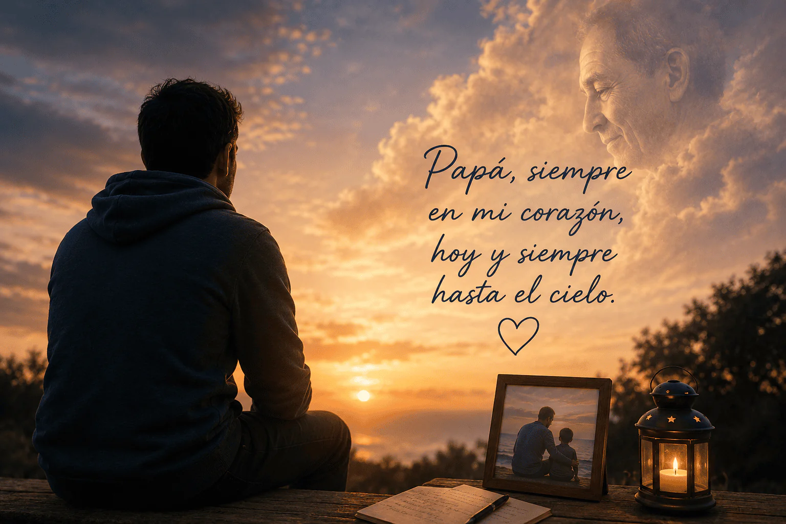 Hombre recordando a su papá en el cielo durante un atardecer, con foto familiar, vela encendida y cielo luminoso lleno de nostalgia.