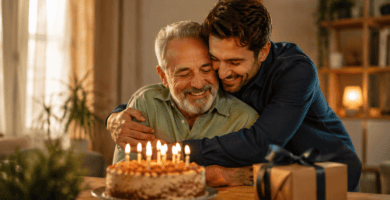 Padre celebrando su cumpleaños con su hijo adulto en casa, entre abrazos, pastel y velas encendidas