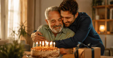 Padre celebrando su cumpleaños con su hijo adulto en casa, entre abrazos, pastel y velas encendidas