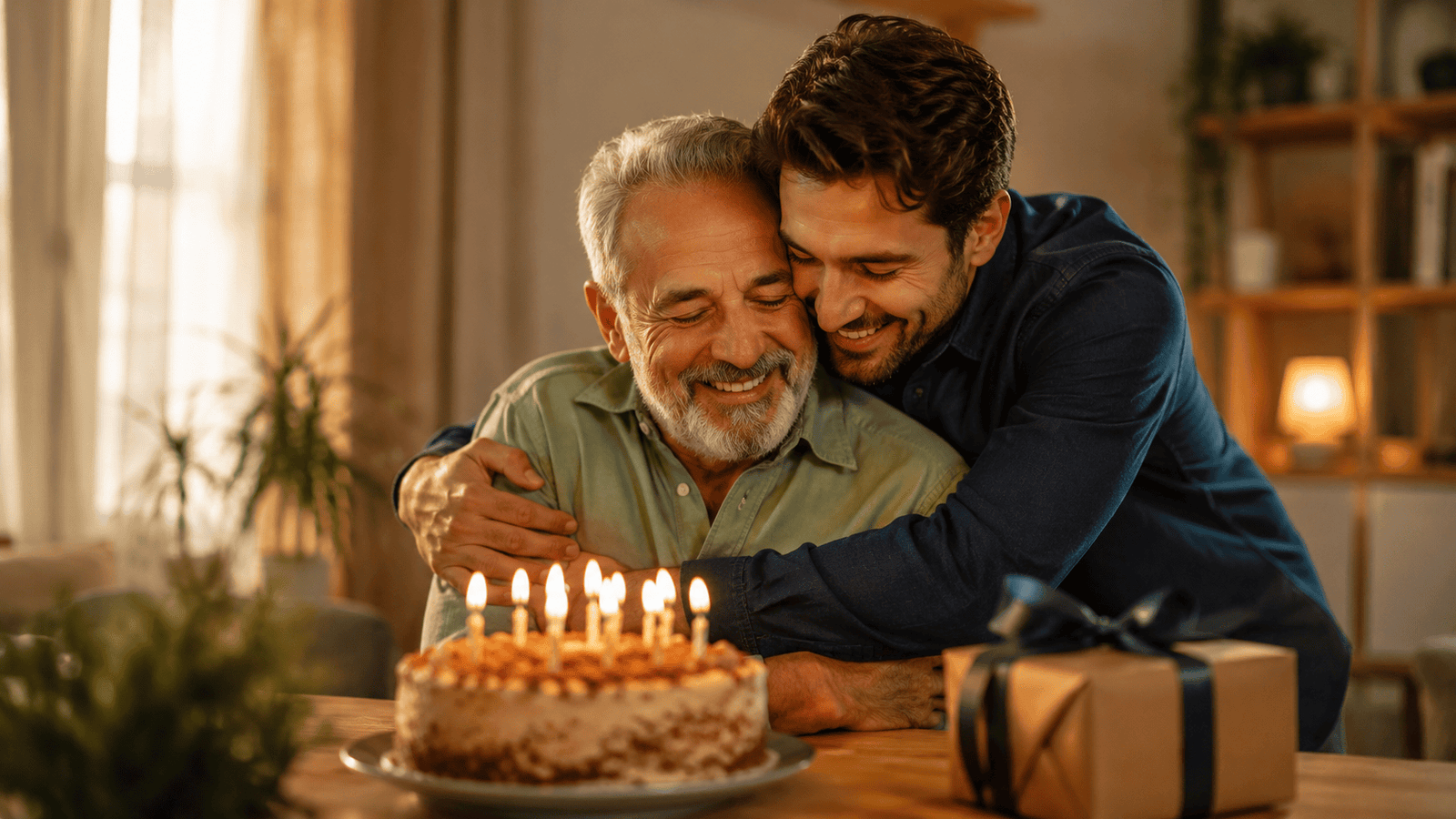 Padre celebrando su cumpleaños con su hijo adulto en casa, entre abrazos, pastel y velas encendidas