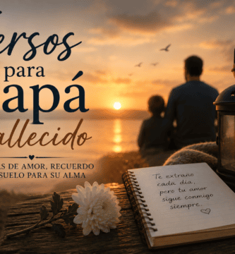 Imagen emotiva sobre versos para papá fallecido con atardecer, vela encendida, cuaderno y recuerdo amoroso de un padre que ya no está