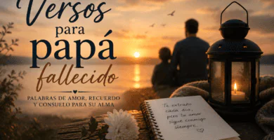 Imagen emotiva sobre versos para papá fallecido con atardecer, vela encendida, cuaderno y recuerdo amoroso de un padre que ya no está