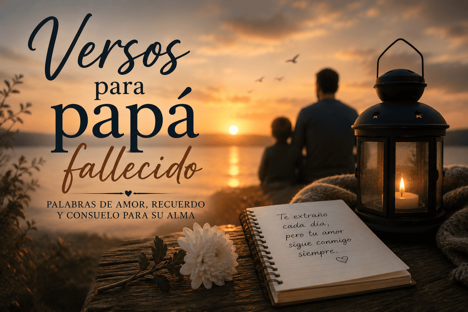 Imagen emotiva sobre versos para papá fallecido con atardecer, vela encendida, cuaderno y recuerdo amoroso de un padre que ya no está