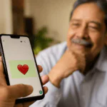 Padre sonriendo al recibir en su teléfono un mensaje de cariño por WhatsApp con un corazón rojo