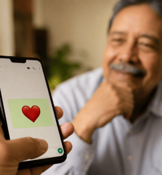 Padre sonriendo al recibir en su teléfono un mensaje de cariño por WhatsApp con un corazón rojo
