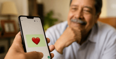 Padre sonriendo al recibir en su teléfono un mensaje de cariño por WhatsApp con un corazón rojo