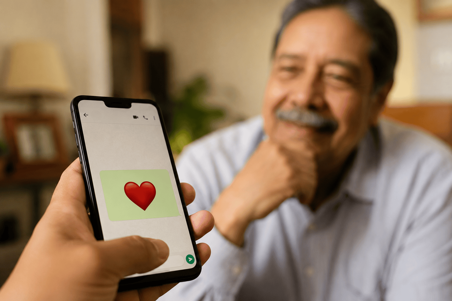Padre sonriendo al recibir en su teléfono un mensaje de cariño por WhatsApp con un corazón rojo