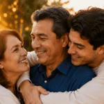 Hijo adulto abrazando con cariño a su papá y mamá en un jardín durante el atardecer.