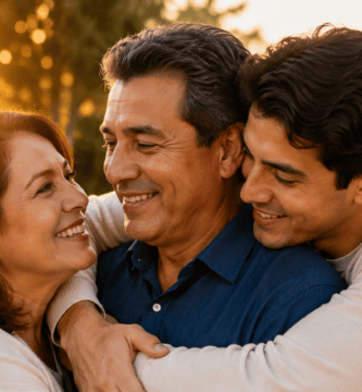Hijo adulto abrazando con cariño a su papá y mamá en un jardín durante el atardecer.