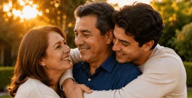 Hijo adulto abrazando con cariño a su papá y mamá en un jardín durante el atardecer.