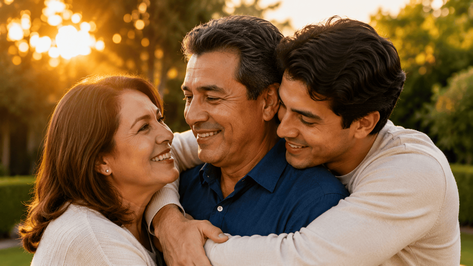 Hijo adulto abrazando con cariño a su papá y mamá en un jardín durante el atardecer.