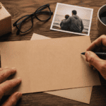 Manos escribiendo una tarjeta para papá junto a un regalo, una fotografía familiar y una taza de café