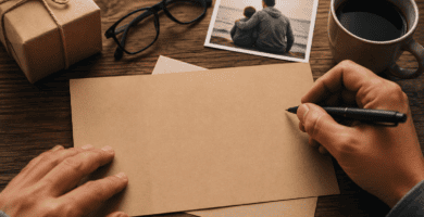 Manos escribiendo una tarjeta para papá junto a un regalo, una fotografía familiar y una taza de café