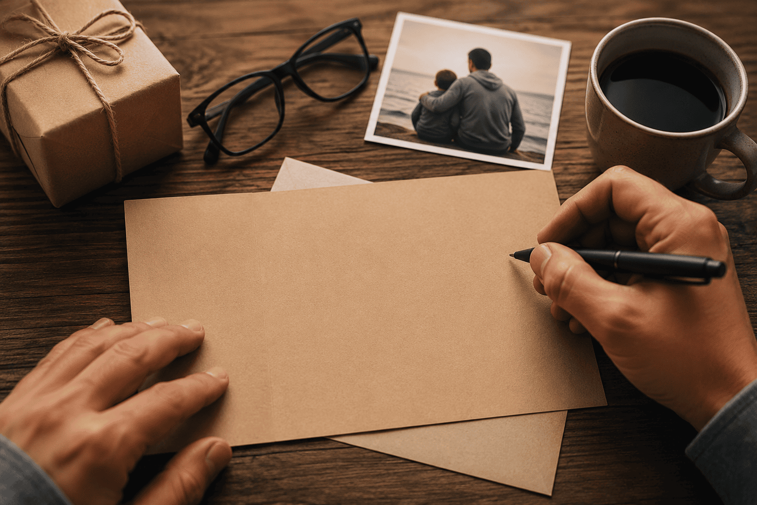 Manos escribiendo una tarjeta para papá junto a un regalo, una fotografía familiar y una taza de café