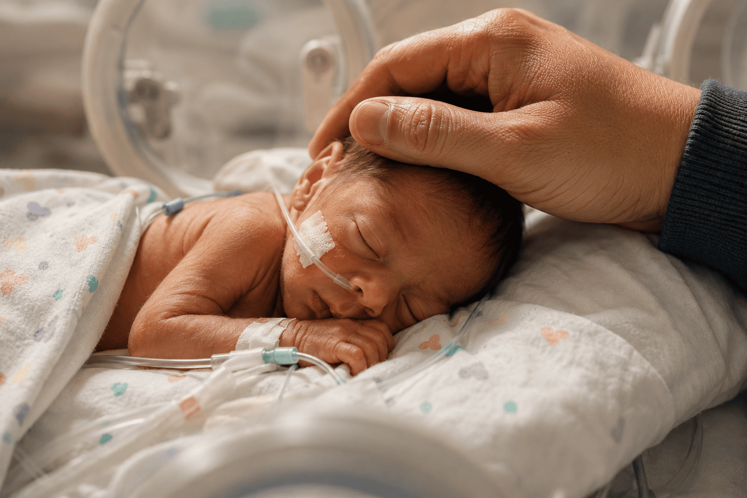 Bebé prematuro descansando en incubadora mientras una mano adulta lo acaricia con ternura