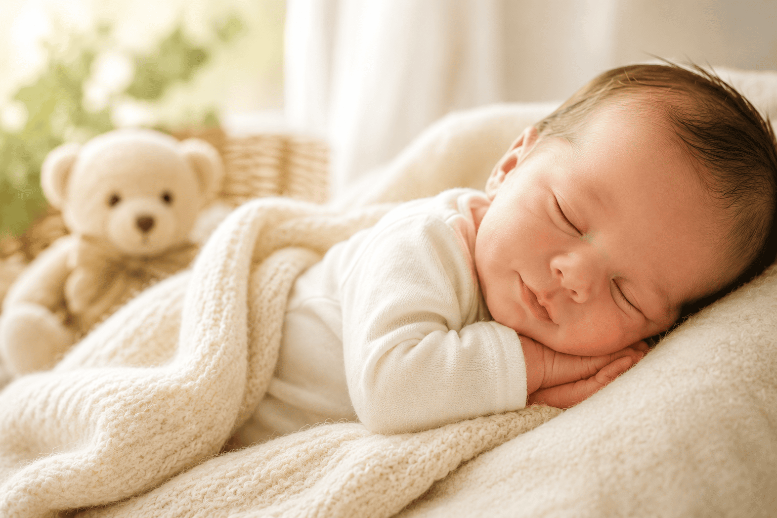 Bebé recién nacido dormido sobre una manta suave, imagen para poemas cortos para bebés