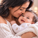 Madre abrazando con ternura a su bebé sonriente en un ambiente cálido y luminoso
