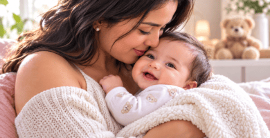 Madre abrazando con ternura a su bebé sonriente en un ambiente cálido y luminoso