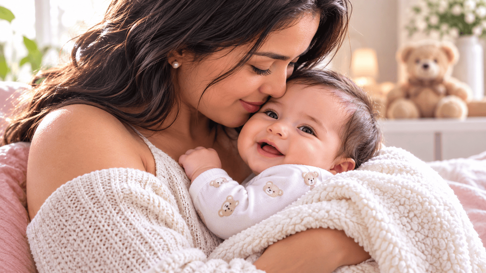 Madre abrazando con ternura a su bebé sonriente en un ambiente cálido y luminoso