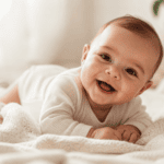 Bebé sonriente sobre una manta clara en una fotografía tierna y luminosa
