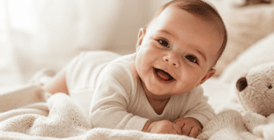 Bebé sonriente sobre una manta clara en una fotografía tierna y luminosa