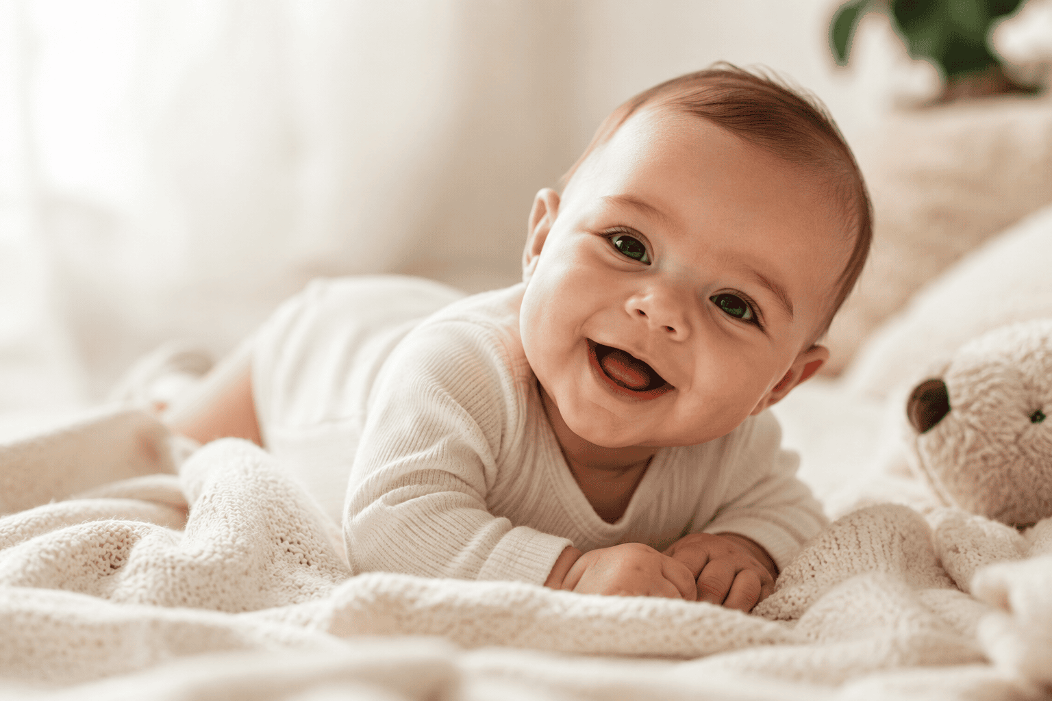 Bebé sonriente sobre una manta clara en una fotografía tierna y luminosa