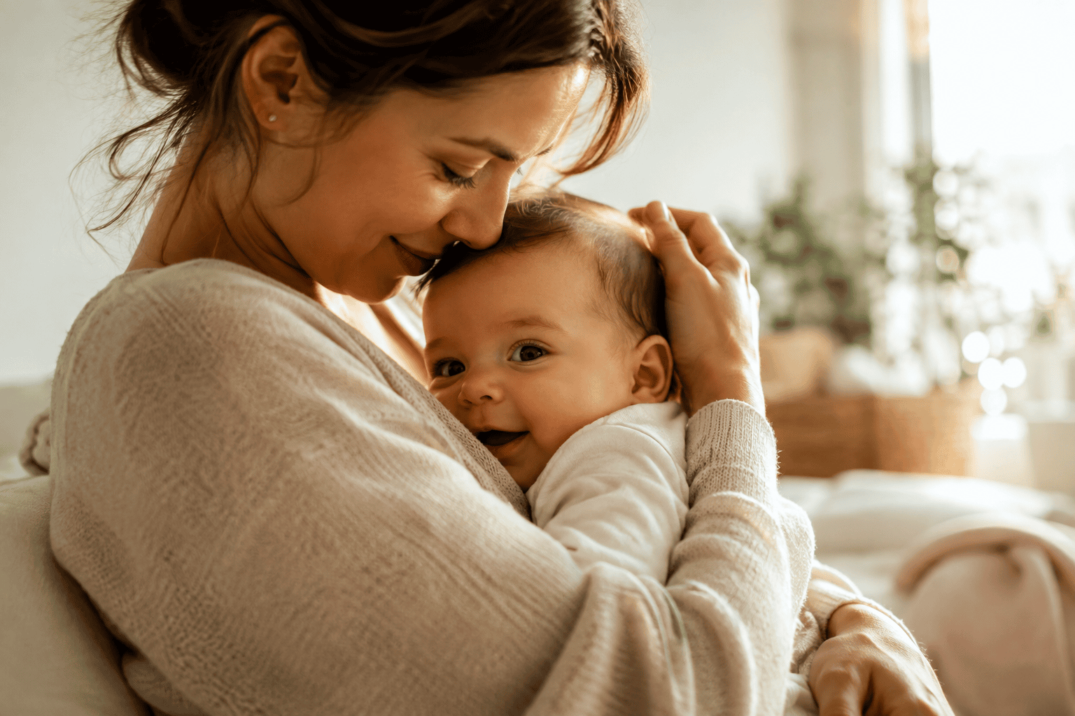 Madre abrazando con ternura a su bebé en un ambiente cálido y luminoso