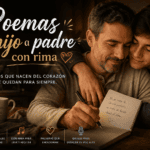 Padre y hijo adulto compartiendo un momento emotivo mientras escriben juntos en un cuaderno