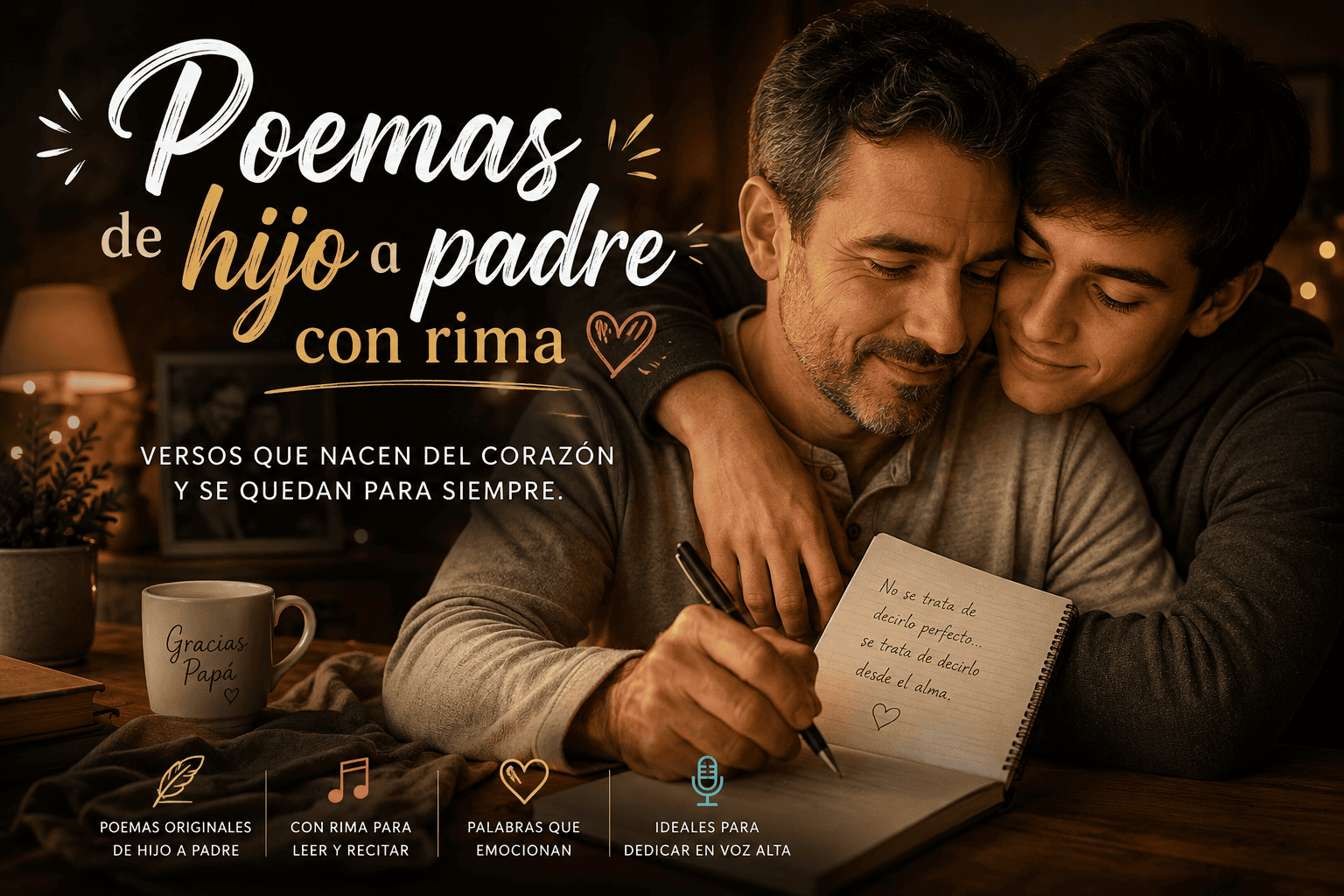Padre y hijo adulto compartiendo un momento emotivo mientras escriben juntos en un cuaderno