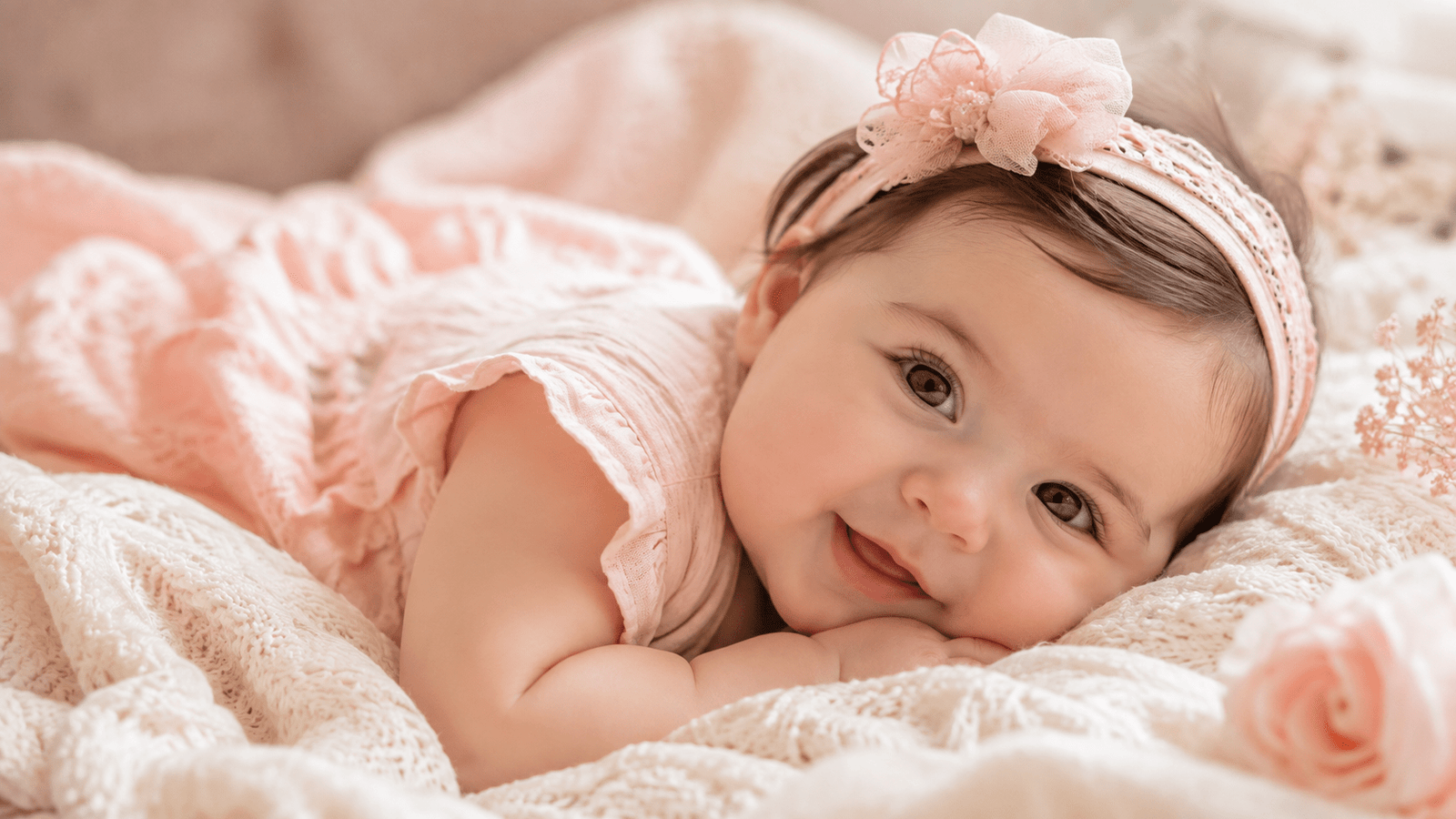Bebé niña sonriente recostada sobre una manta clara en un ambiente cálido y delicado